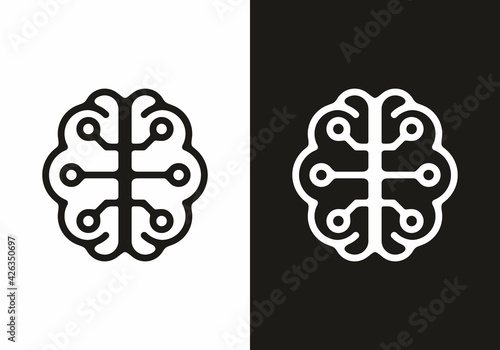 Black and white line art illustration of digital brain photo