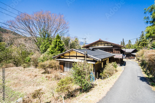 Famous Nakasendo trail goes between Magome and Tsumago towns, Japan photo