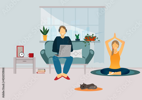 A man sitting on the sofa and women practicing yoga at home, freelancer, stay home concept, flat vector illustration