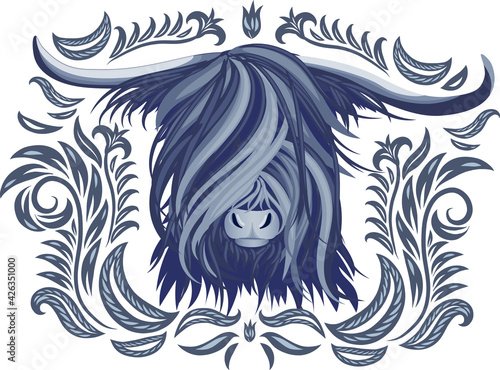 The head of a yak in grey shades with an ornament. Logo, T-shirt design, tattoo, logo, decoration.