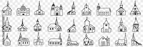 Church facades with towers doodle set. Collection of hand drawn various facades of religious churches buildings isolated on transparent background