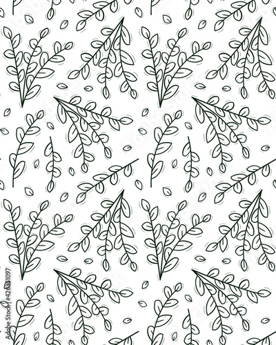 Seamless repeating pattern bush of three branches, wide leaves at the base.Contour dark green objects on a white.