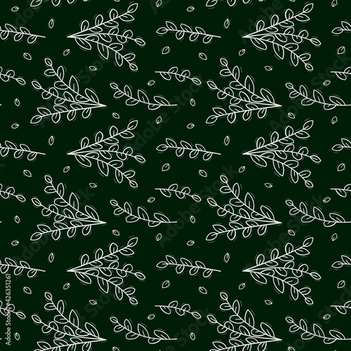 Seamless repeating pattern bush of three branches, wide leaves at the base.Contour white objects on a dark green.