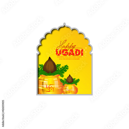 Happy Ugadi Greeting Card Background With Decorated Kalash