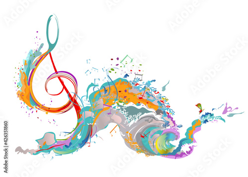 Abstract musical design with a treble clef and colorful splashes, notes and waves. Colorful treble clef. Hand drawn vector illustration.