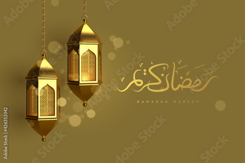 Ramadan Kareem greeting card. Golden hanging lanterns with glowing lights and handwritten arabic calligraphy means Ramadan Kareem. Vector illustration in 3d realistic style for islamic muslim holidays
