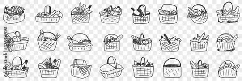  Basket with food doodle set. Collection of hand drawn various baskets with ingredients food drinks for picnics outdoors isolated on transparent background