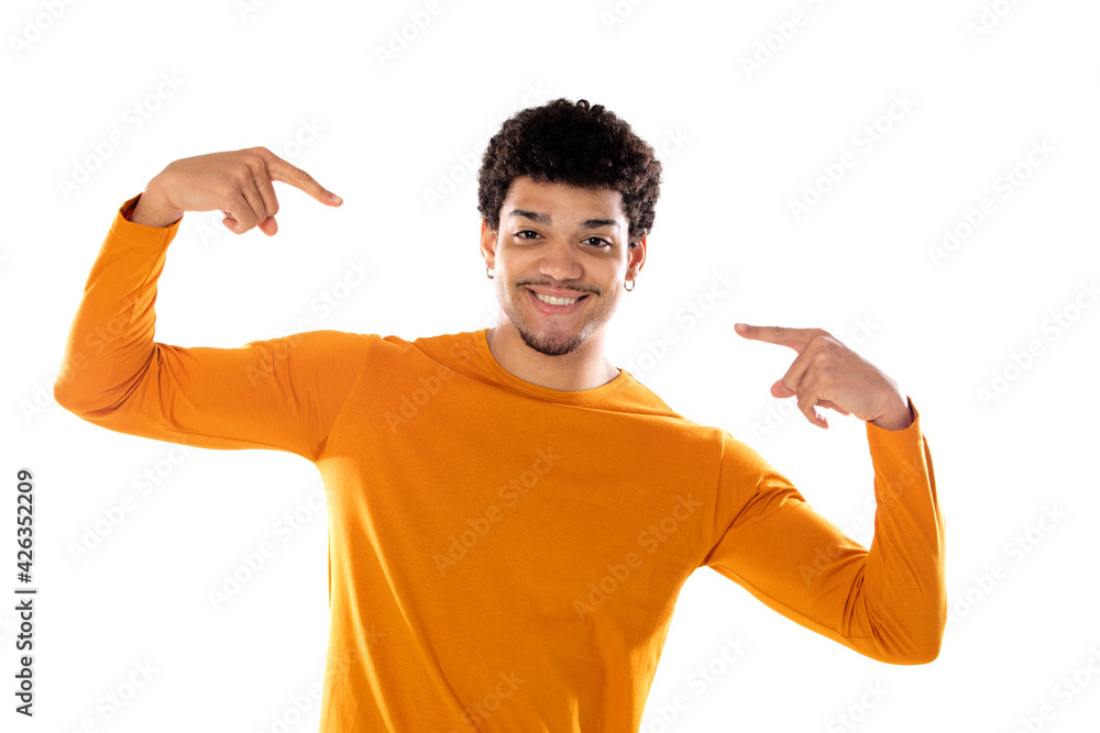 Fototapeta premium Young black afro guy laughing and pointing to something with his finger
