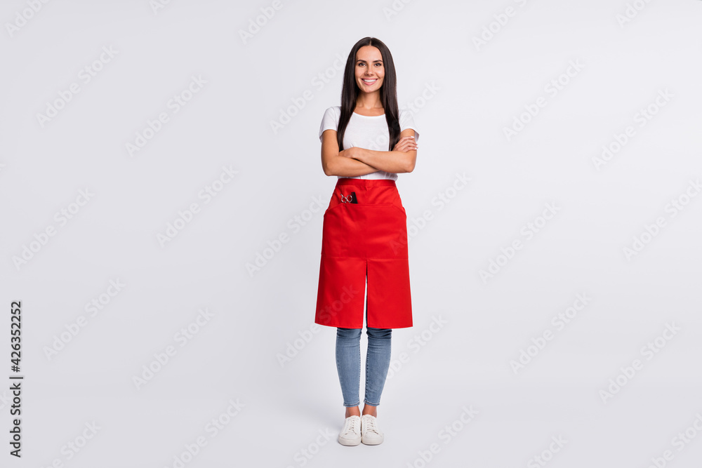 Full size photo of optimistic brunette long hairdo lady crossed arms wear t-shirt isolated on grey background Full size photo of optimistic brunette long hairdo lady crossed arms wear t-shirt isolated on grey background