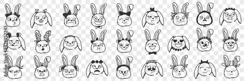 Rabbit faces expressions doodle set. Collection of hand drawn various positive and negative expressions of rabbit animals faces muzzles isolated on transparent background
