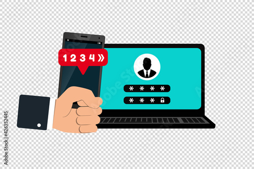 Two Factor Or Multi Factor Authentication Concept - Smartphone And Laptop Vector Illustrations - Isolated On Transparent Background