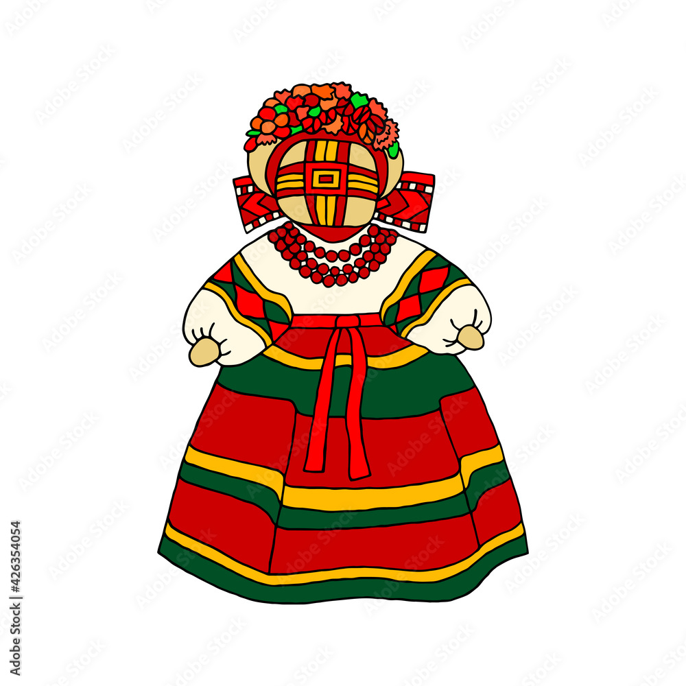 Bright drawing with a traditional rag doll on a white background. Ukrainian doll. Doll amulet. Vector drawing.