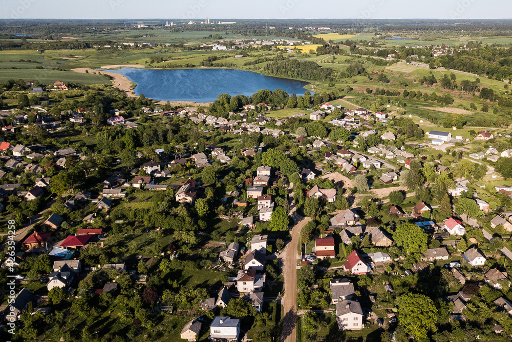 Aerial view of Saldus city and lake, Latvia