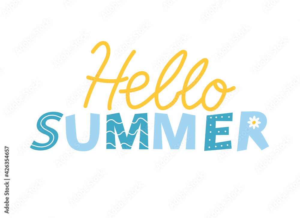 Lettering Hello summer, yellow-blue letters on white background