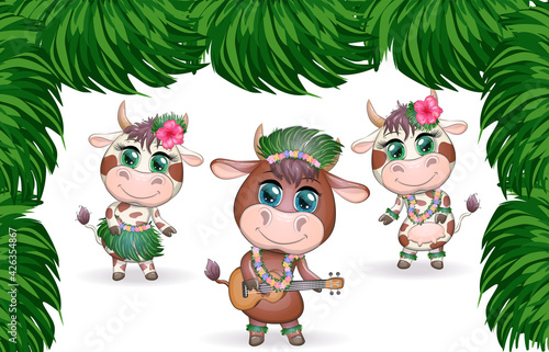 Tropical new year 2021  celebration. Group of cows and bulls as hula dancers with acoustic ukulele guitars  Hawaii