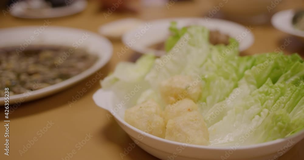 Family dinner at restaurant with fry shrimp meat ball Family dinner at restaurant with fry shrimp meat ball