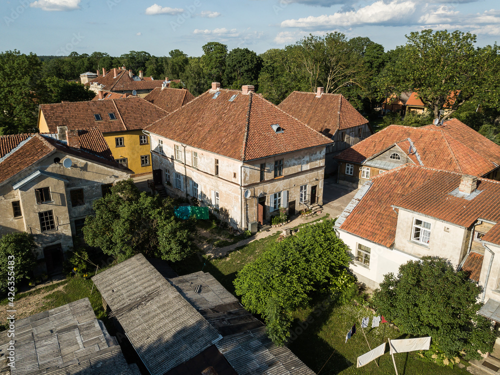 Aerial view of old town in city Kuldiga and red roof tiles, Latvia