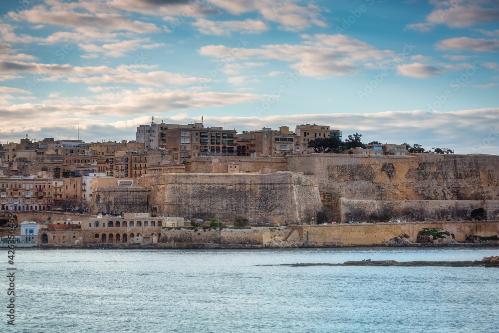 Beutiful coastline of Valletta city at sunrise, the capital of Malta.