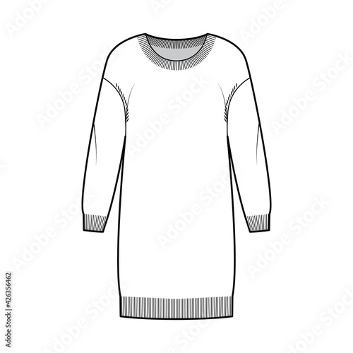 Dress Round neck Sweater technical fashion illustration with dropped shoulder long sleeves, relax body, knee length, knit rib trim. Flat jumper apparel front, white color style. Women men CAD mockup
