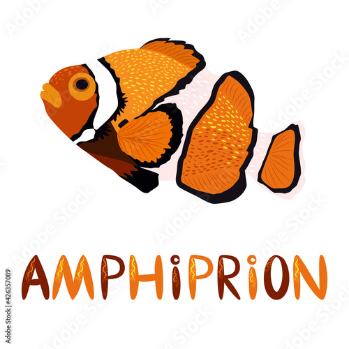Amphiprion, Clownfish orange bright sea dweller in scandinavian style, hand drawn