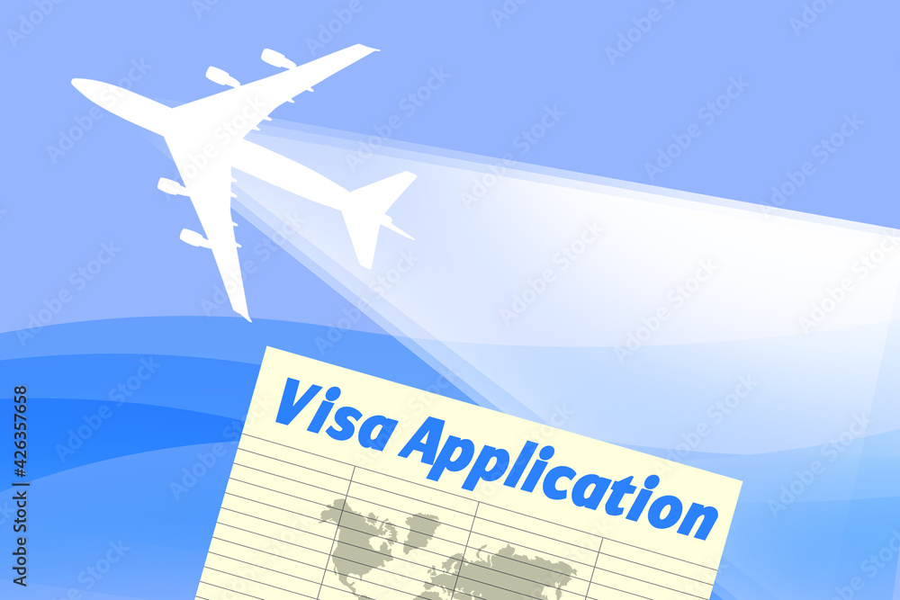 The silhouette of the plane and the visa application form. Vacation planning. The issue of visas. Plane next to the visa application form. International tourism. Travel abroad. The silhouette of the plane and the visa application form. Vacation planning. The issue of visas. Plane next to the visa application form. International tourism. Travel abroad.
