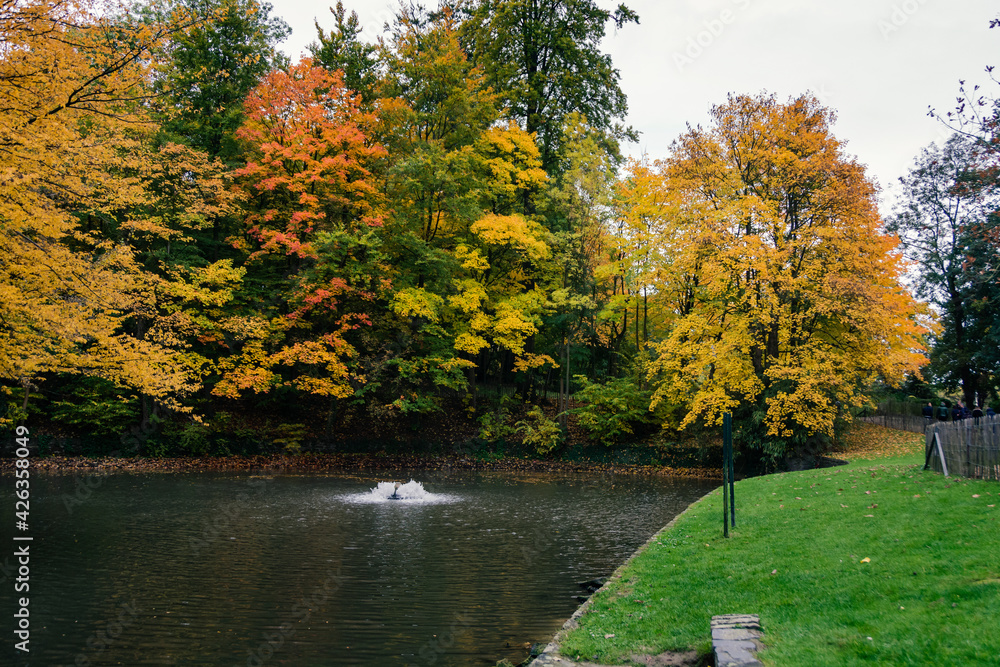 Park D'osseghem Laeken in brussels in autumn. Lake and colorful trees.
