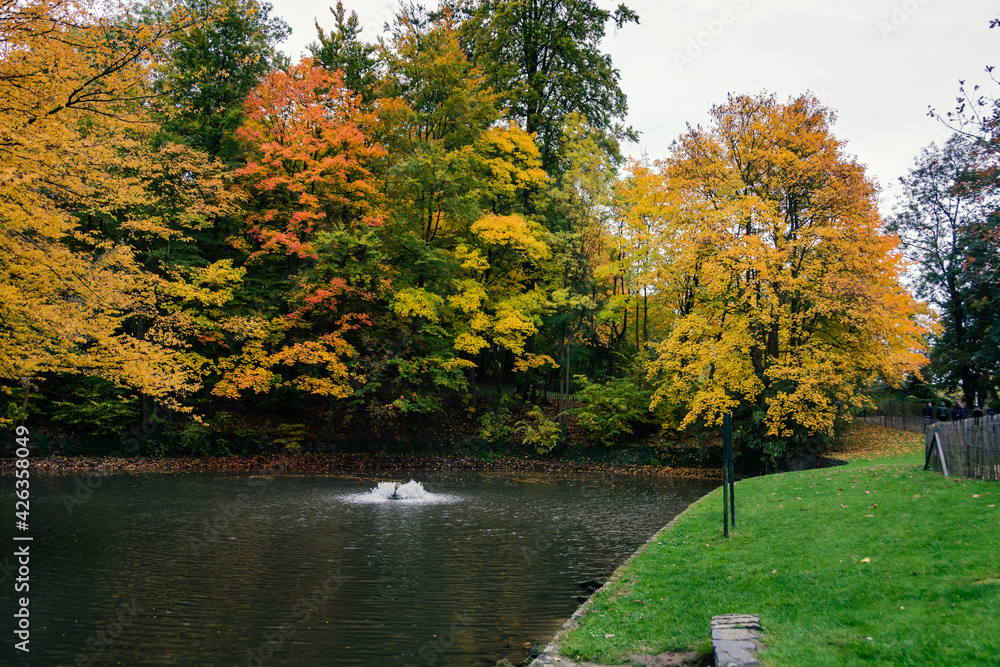 Obraz premium Park D'osseghem Laeken in brussels in autumn. Lake and colorful trees. 