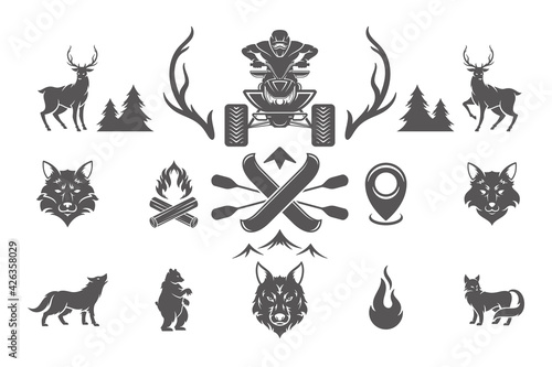 Summer camping and outdoor adventures design elements and icons set vector illustration.