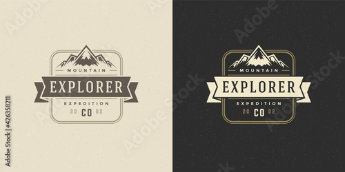 Mountain camping logo emblem outdoor landscape vector illustration rock hills silhouette for shirt or print stamp