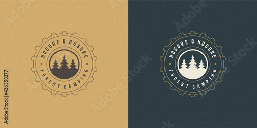 Forest camping logo emblem outdoor adventure vector illustration pine trees silhouette