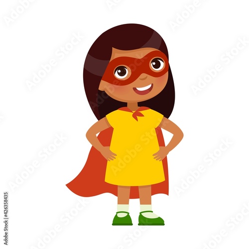 Brave Indian little girl in a heroic pose and a superhero costume. Dark skin cartoon character 