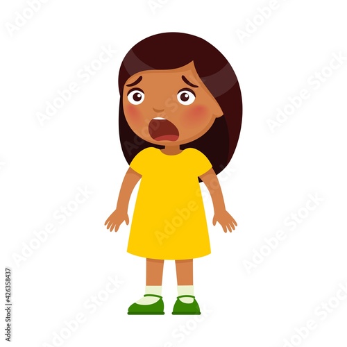 Little Indian frightened girl. Dark skin child with intense emotion on the face. Psychology, the concept of children's fears. Сartoon character 