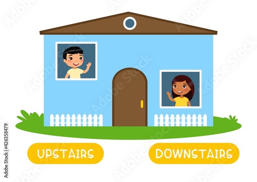 Opposites concept, UPSTAIRS and DOWNSTAIRS. Word card for English language learning. Flashcard with antonyms for children.
