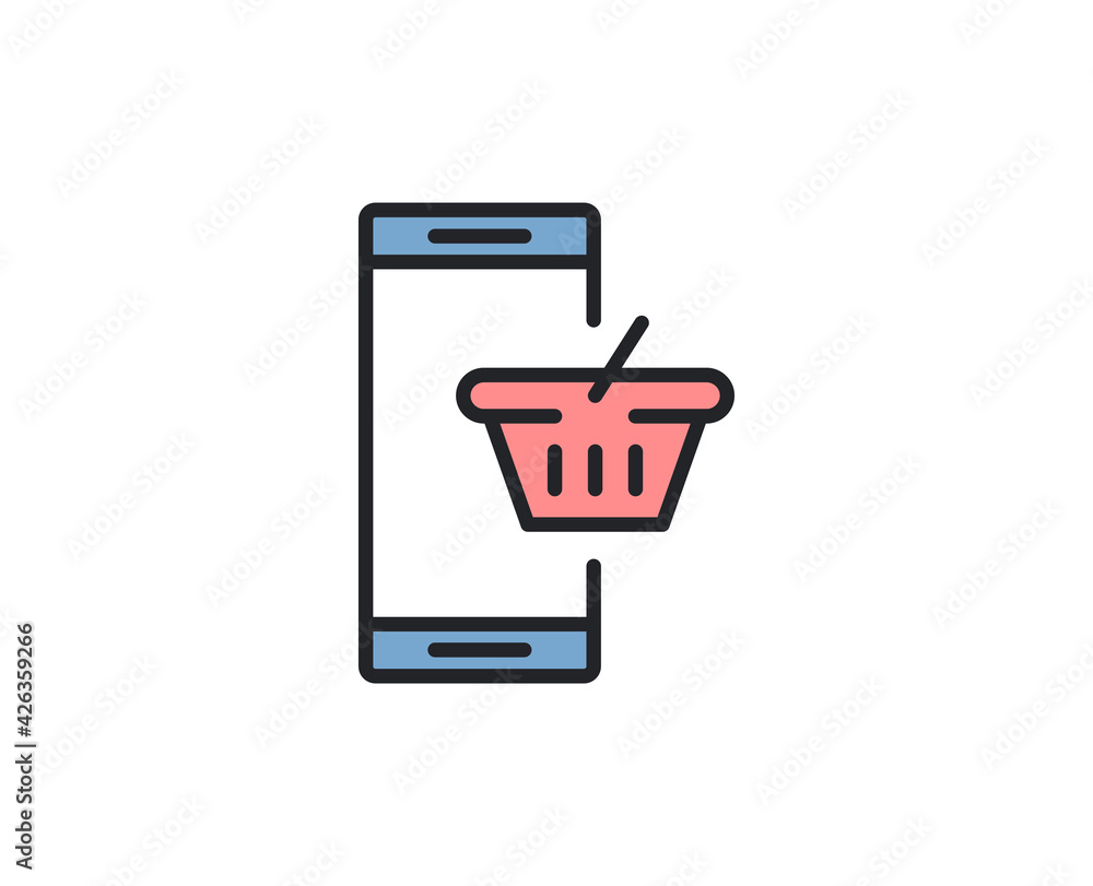 Mobile shopping flat icon. Thin line signs for design logo, visit card, etc. Single high-quality outline symbol for web design or mobile app. Marketing outline pictogram. Mobile shopping flat icon. Thin line signs for design logo, visit card, etc. Single high-quality outline symbol for web design or mobile app. Marketing outline pictogram.