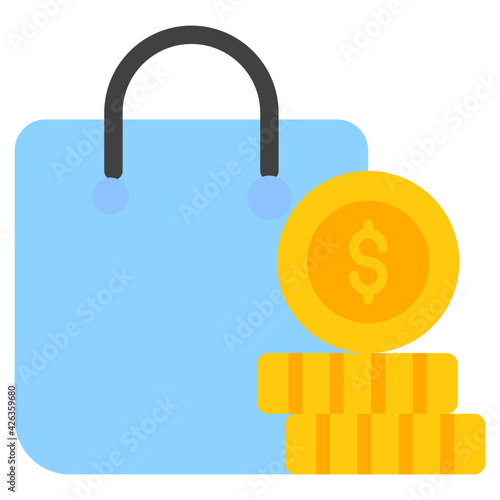 Handbag with coins, concept of purchasing icon