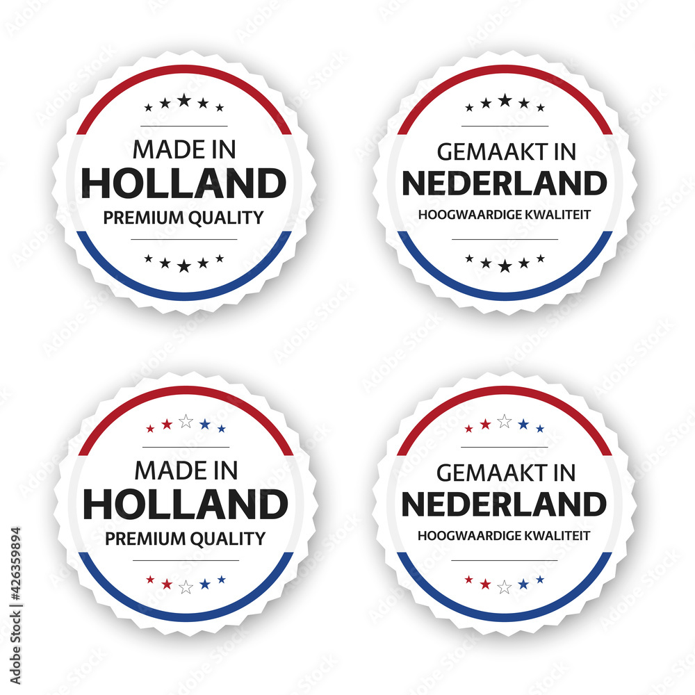 Set of four Dutch labels. Made in Holland In Dutch Gemaakt in Nederland. Premium quality stickers and symbols with stars. Simple vector illustration isolated on white background - obrazy, fototapety, plakaty 