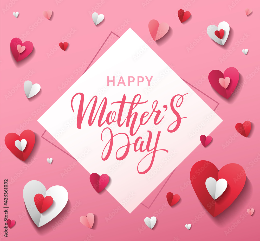 Greeting card or banner design with paper hearts and lettering on pink background. Happy Mother's Day. - Vector