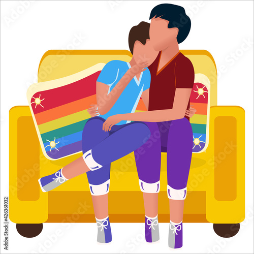 Transsexuals.
 Two guys in love are sitting in an armchair. Cartoon style. Used in web design for collages. Simple flat vector drawing.