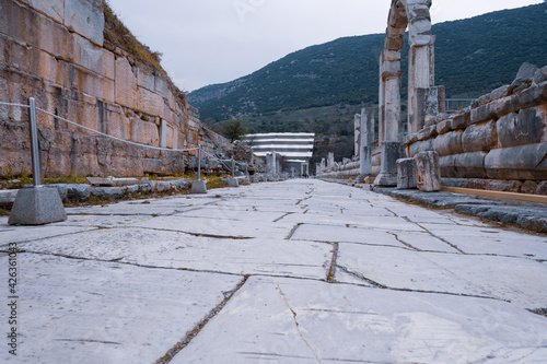 historical Arcadiane Road made by colonnaded marble wide angle connecting the theatre and the former harbor in Ephesus ruins, historical ancient Roman archaeological sites photo