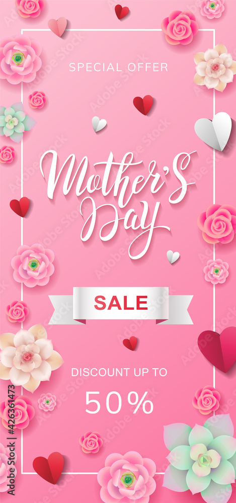 Mother's day Sale banner design with lettering, pink flowers and paper hearts. Special offer. Discount up to 50%. - Vector Mother's day Sale banner design with lettering, pink flowers and paper hearts. Special offer. Discount up to 50%. - Vector