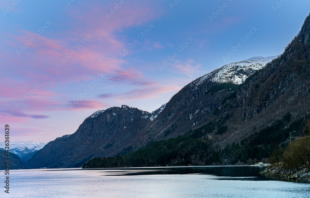 Sunset over Lake Sandvinvatnet from a campground in the town of Odda.