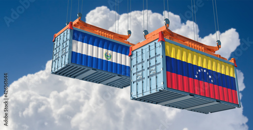 Freight containers with Venezuela and El Salvador flag. 3D Rendering 