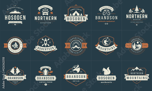 Camping logos and badges templates vector design elements and silhouettes set