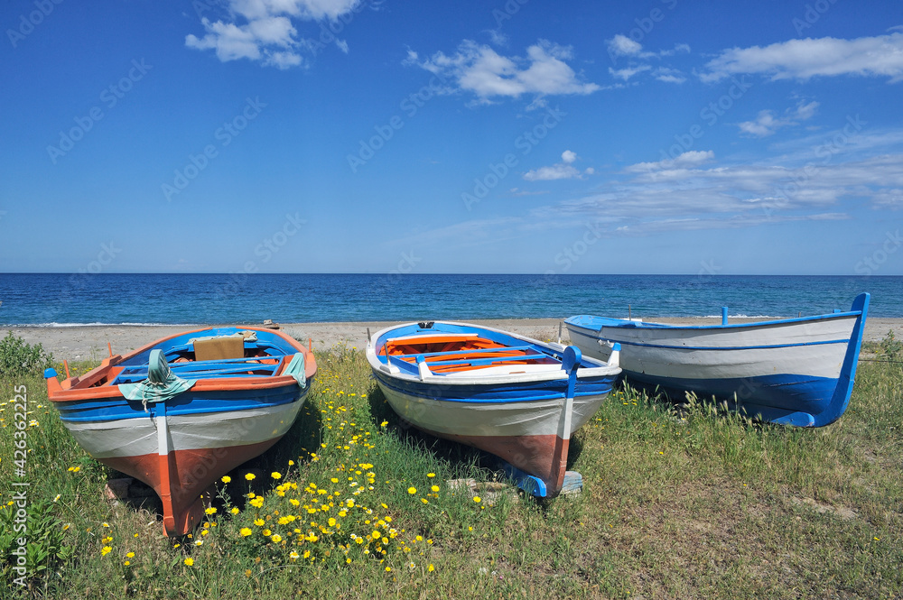 Fishing boats on the beach of Crucoli Torretta, Ionian coast, district of Crotone, Calabria, Italy, Europe Fishing boats on the beach of Crucoli Torretta, Ionian coast, district of Crotone, Calabria, Italy, Europe