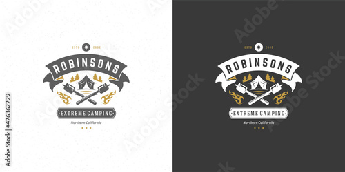 Campfire logo emblem vector illustration outdoor forest camping with marshmallow bonfire silhouettes