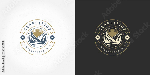 Mountain camping logo emblem outdoor landscape vector illustration rock hills silhouette for shirt or print stamp