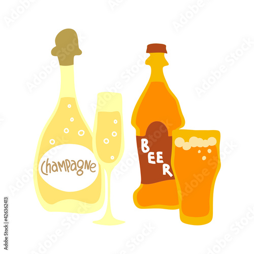 Champagne and beer bottle and wineglass on white background. Cartoon sketch graphic design. Doodle style. Hand drawn image. Party drinks concept. Freehand drawing style