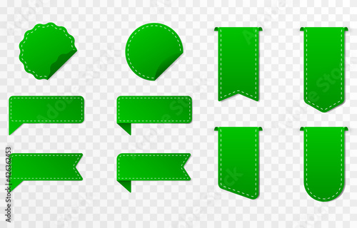 Set of green ribbons, price tags, discounts. Discount offer, sale with green ribbon png. Green shades on isolated transparent background.