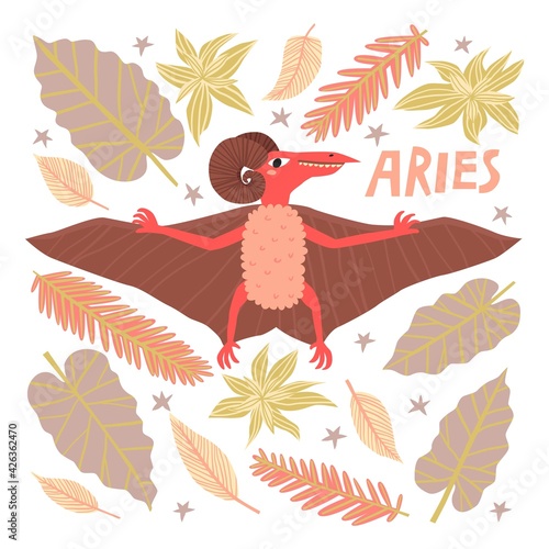 Hand drawn dinosaur aries zodiac sign isolated on white background. Funny flying monster with curving horns. Childish animal, horoscope cartoon vector illustration. Trendy creative kids t shirt print