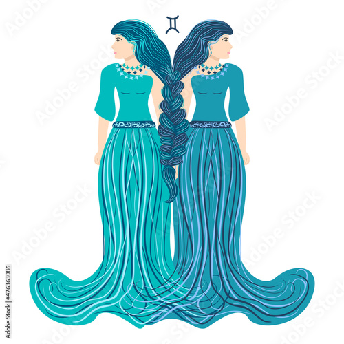 Zodiac, zodiac sign illustration as a beautiful girl with braids. Vintage zodiac boho style fashion illustration
